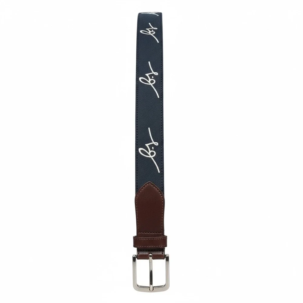 Boston Scott Men's‎ Blue Signature Logo Belt Brown Leather Buckle Silver Tone